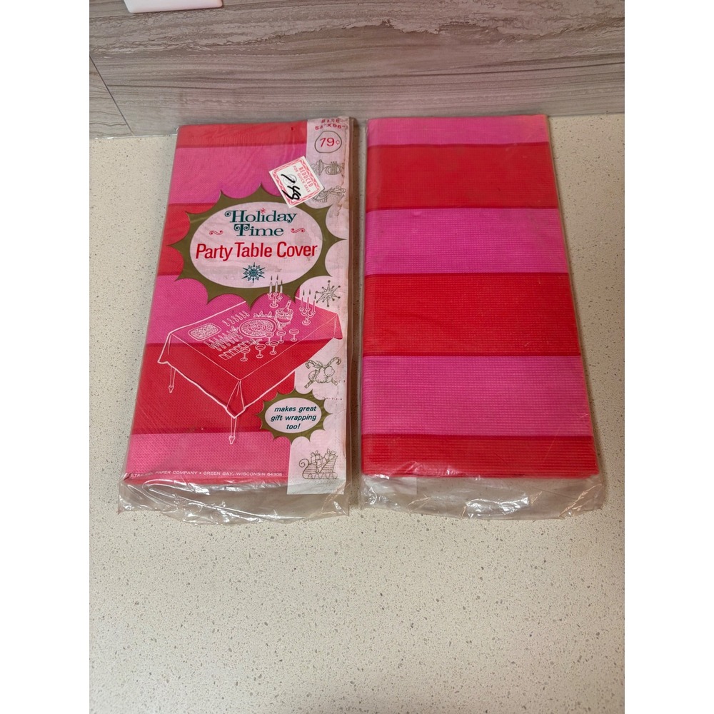 Vintage Holiday Time Party Table Cover Set of 2 Pink Red Striped 54x96 Paper